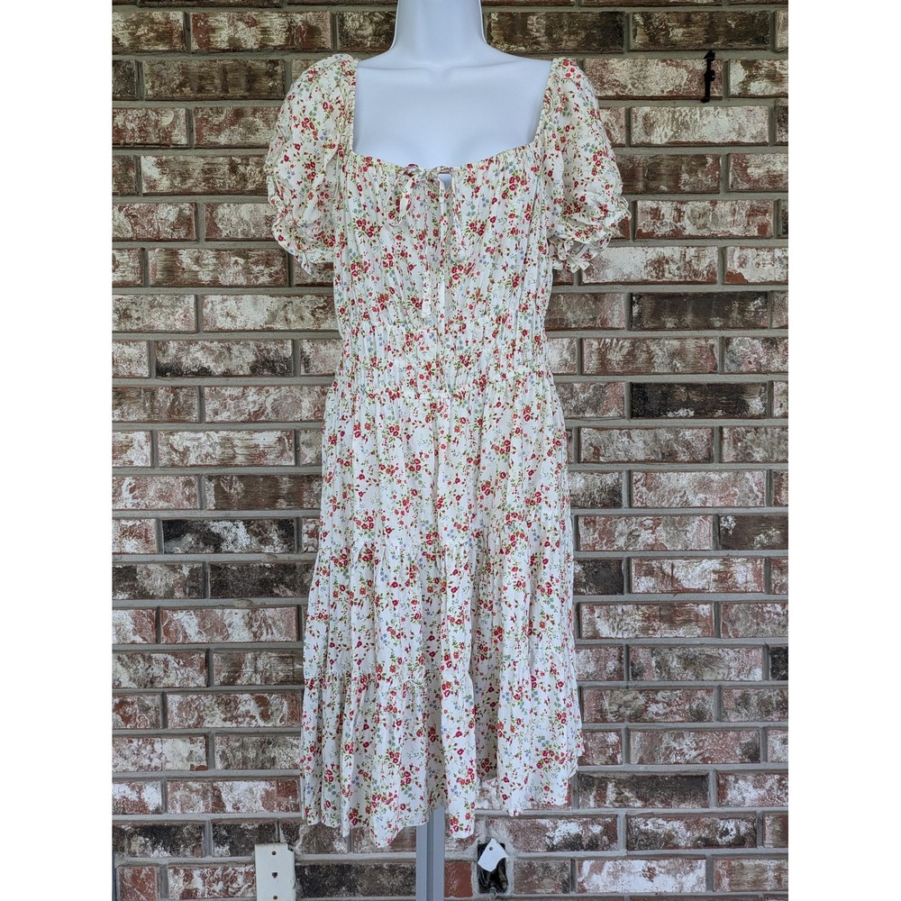 Passport Womens Dress 1X White Floral Smocked Puff Sleeve Tiered Midi Cottagecor